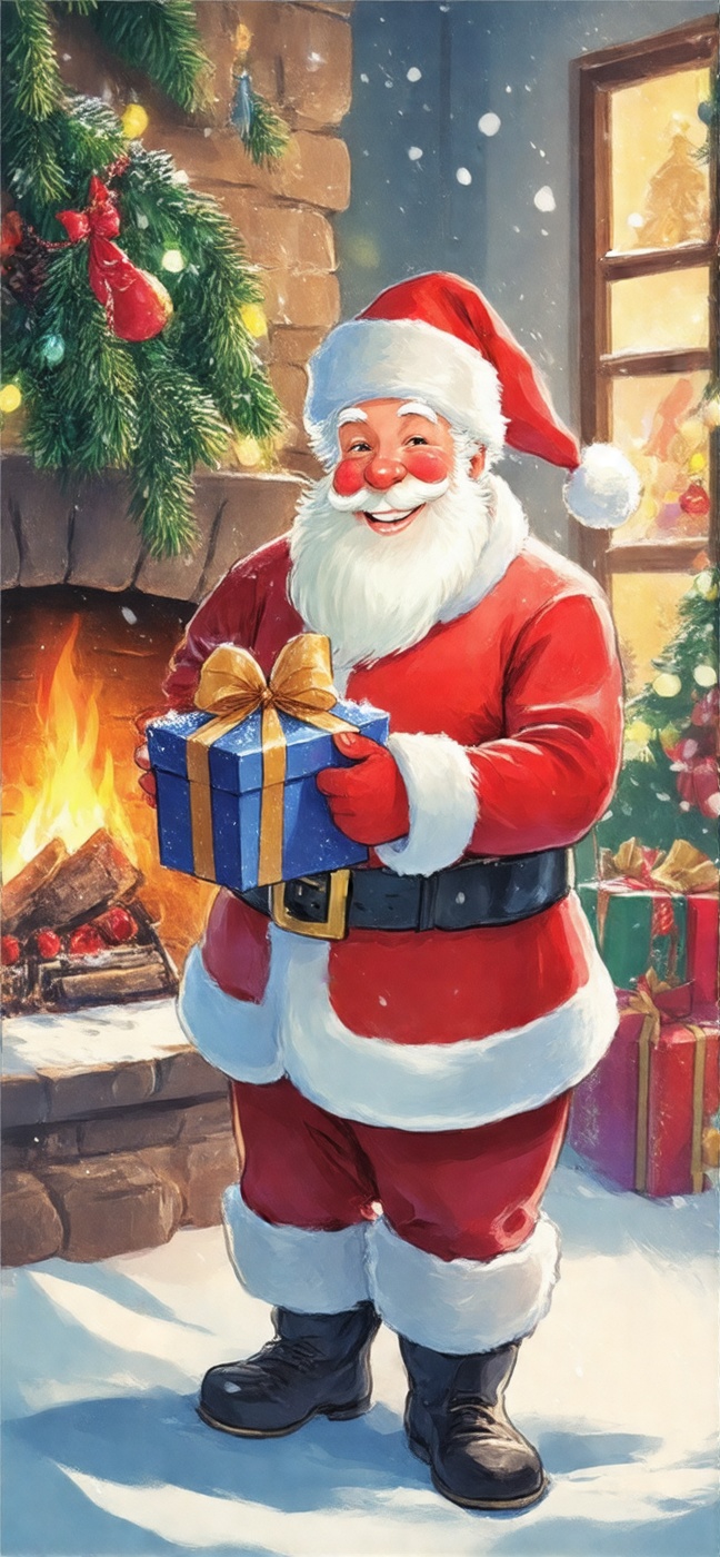 A jolly Santa Claus stands proudly,  holding a festive Christmas gift and sporting a warm smile. He's situated in front of...