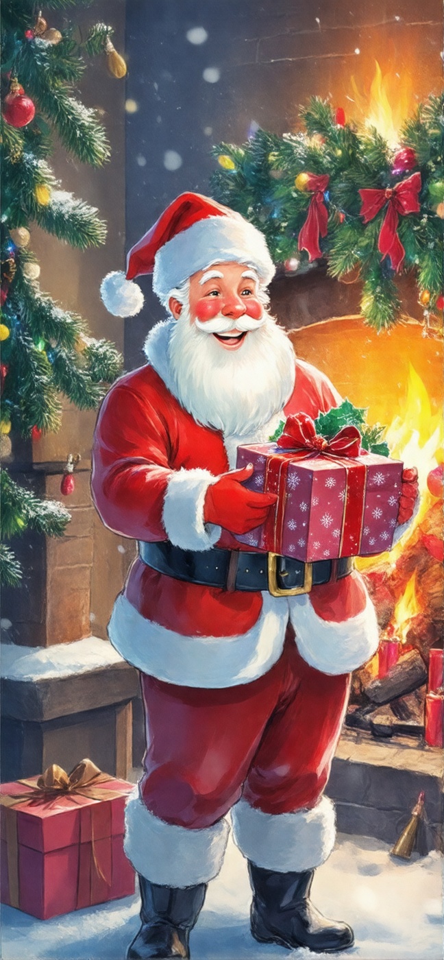 A jolly Santa Claus stands proudly,  holding a festive Christmas gift and sporting a warm smile. He's situated in front of...