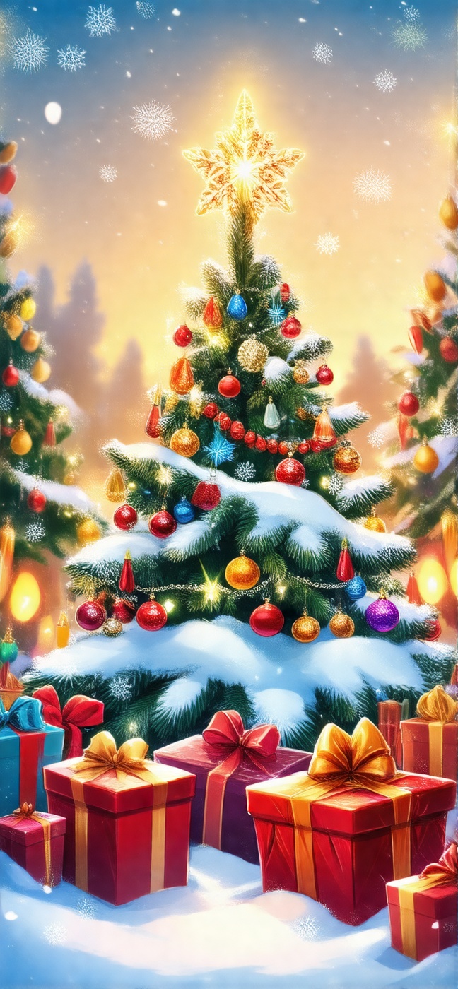 A warm,  tight close-up shot of an anime-style Christmas scene: a decorated tree in a snow-covered landscape,  sparkling o...