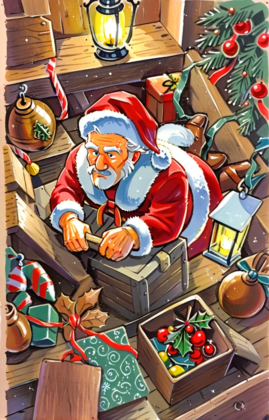 traditional media,  oldpostcard. A cozy,  vintage Christmas card showcasing Santa Claus and his elves crafting wooden toys...
