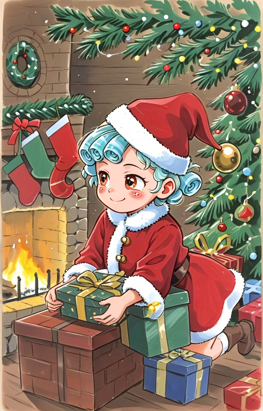 A jolly Santa Claus stands proudly,  holding a festive Christmas gift and sporting a warm smile. He's situated in front of...