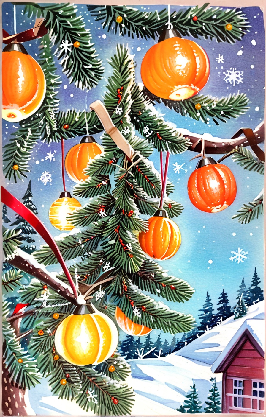 A warm,  tight close-up shot of an anime-style Christmas scene: a decorated tree in a snow-covered landscape,  sparkling o...