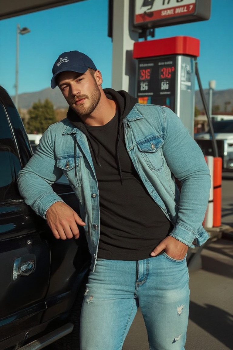 The image is a photograph featuring an extreme muscle-bound middle-aged man with an exaggerated,  hyper-masculine physique...