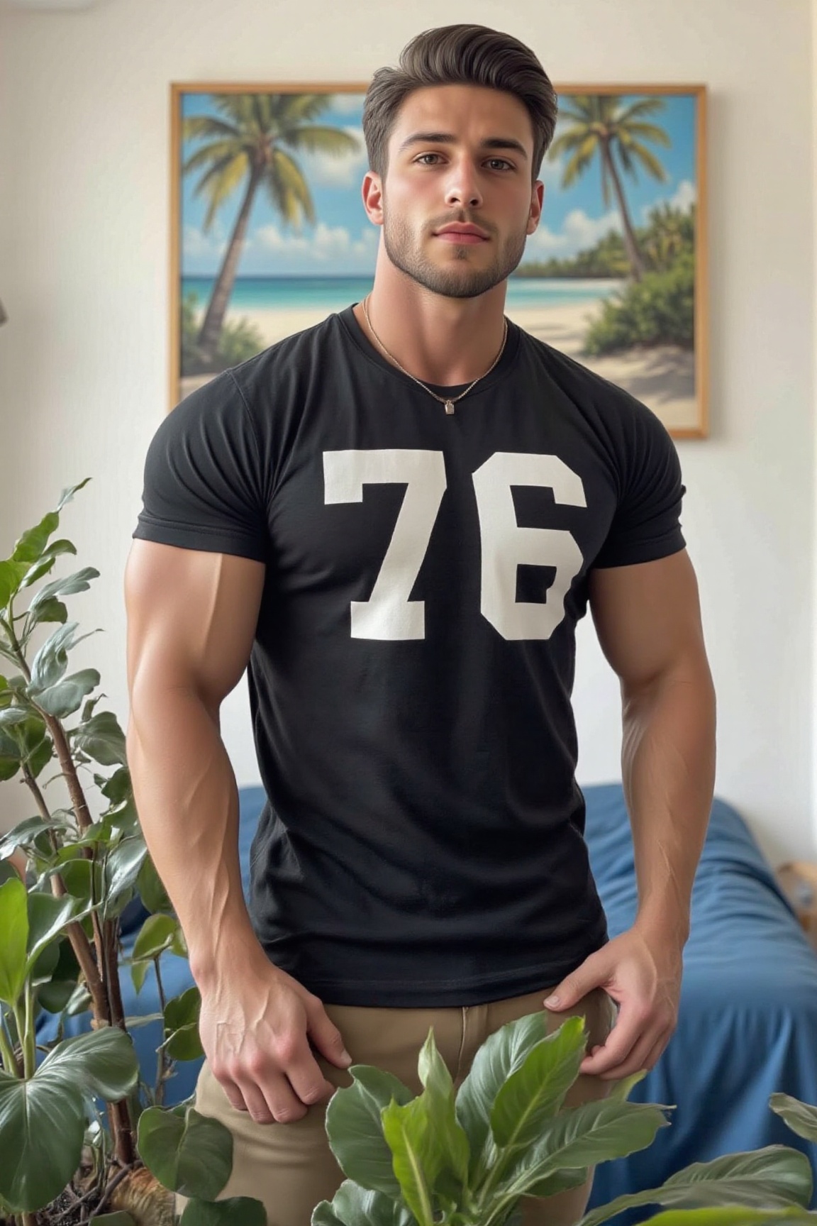 The image shows a person standing in a room with a tropical-themed painting on the wall behind them. The person is wearing...