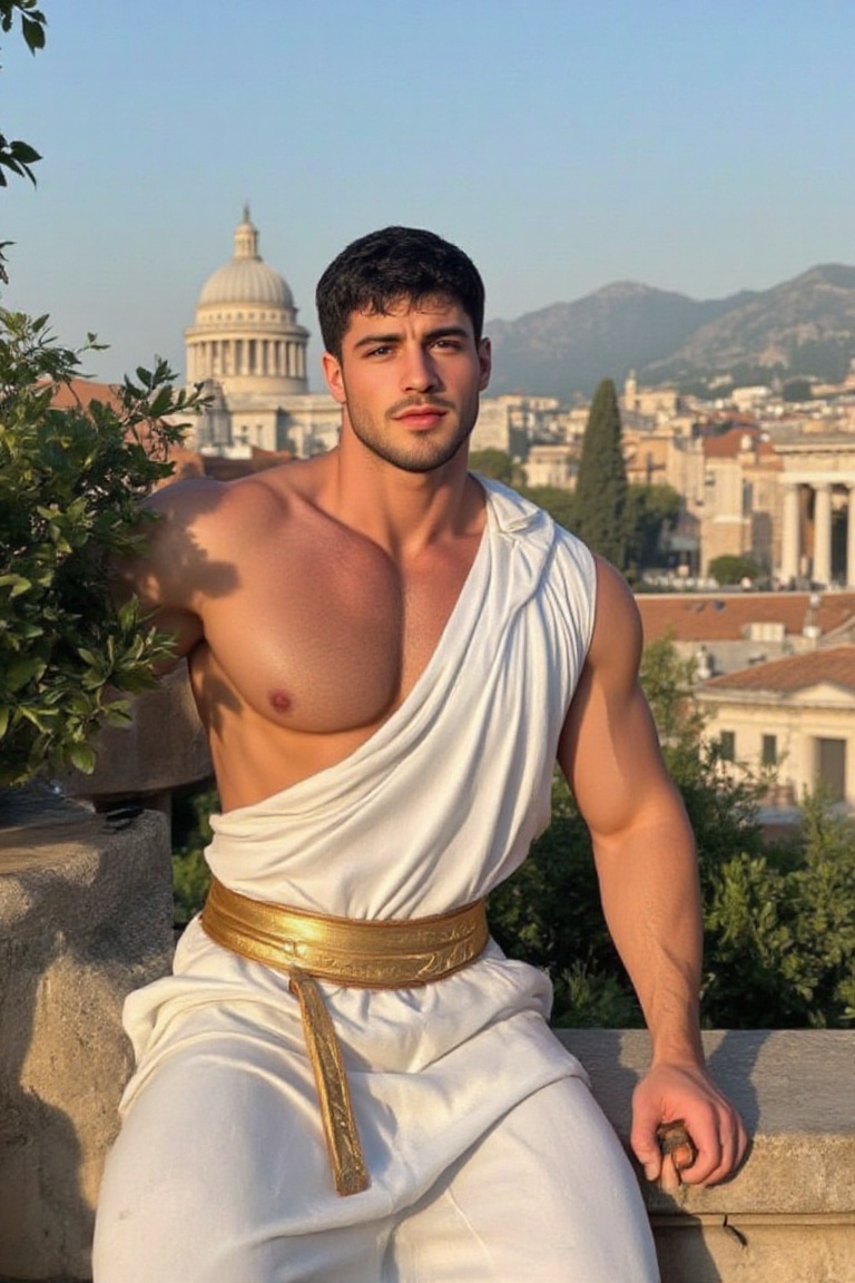The image depicts a muscular man dressed in a classical Greek-style garment,  resembling a toga,  with a golden belt aroun...
