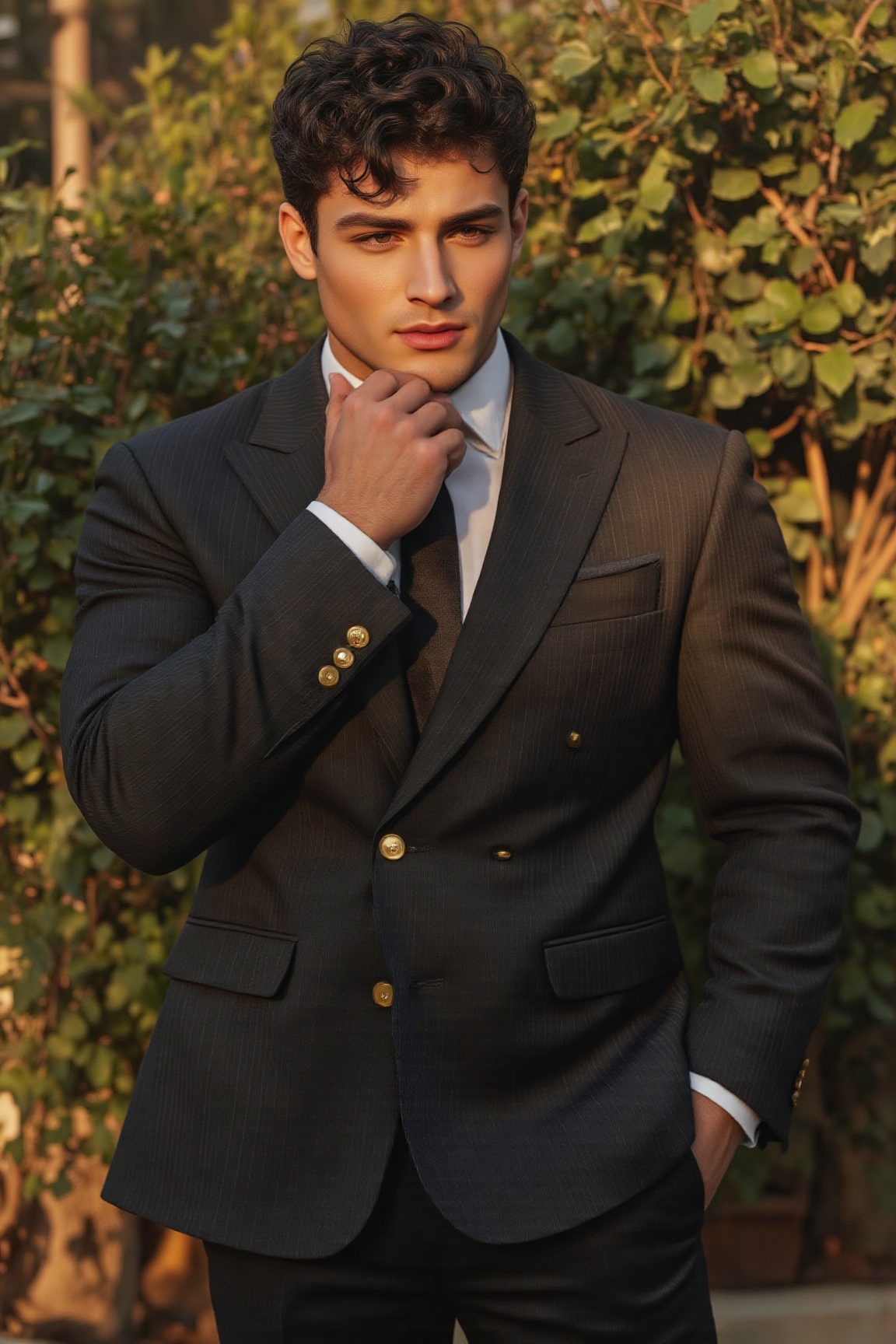 The image shows a man wearing a black pinstripe suit with gold buttons. The individual has dark,  curly hair and is standi...