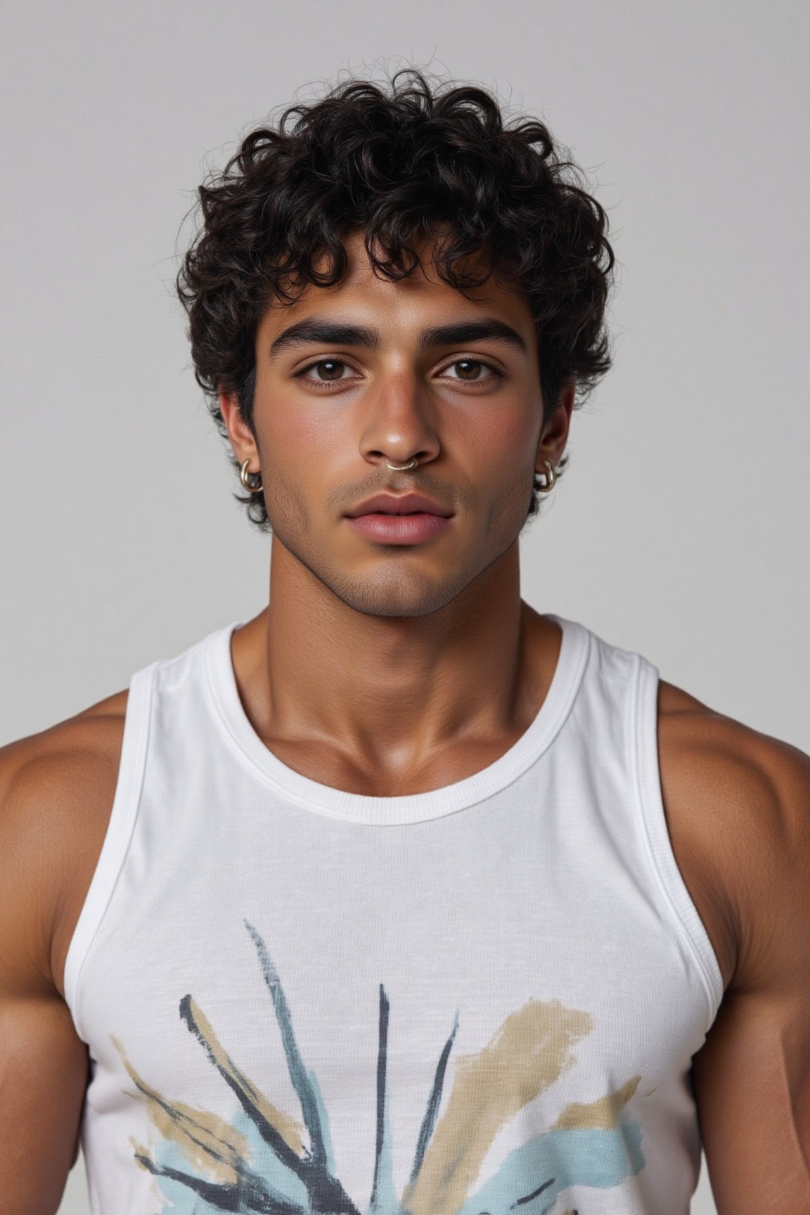 The image shows a person with dark skin wearing a white sleeveless shirt. The shirt has a design that appears to be abstra...