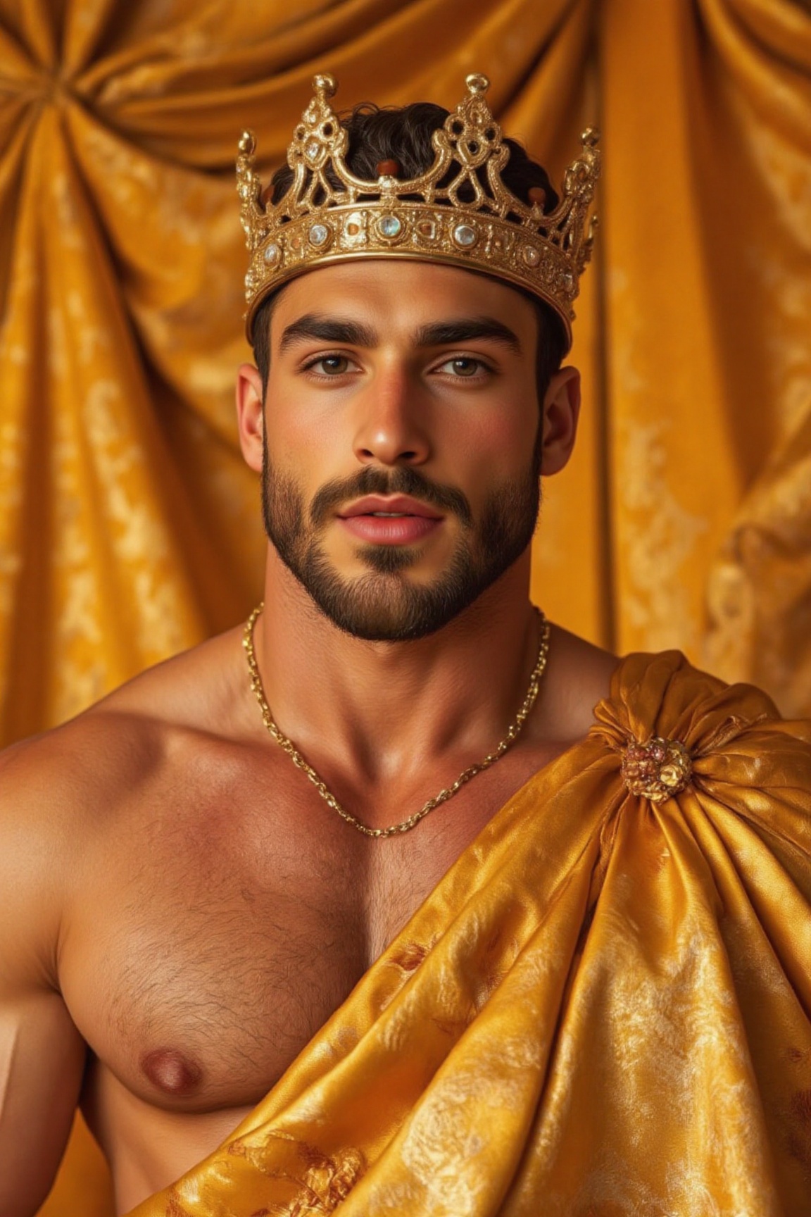 The image depicts a man with a well-groomed beard and mustache,  wearing a luxurious golden crown and necklace. He is stan...