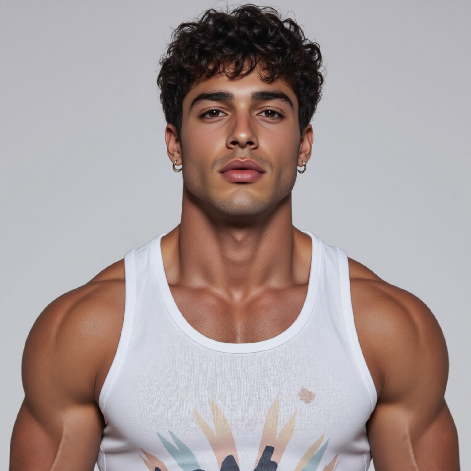 The image shows a person with dark skin wearing a white sleeveless shirt. The shirt has a design that appears to be abstra...