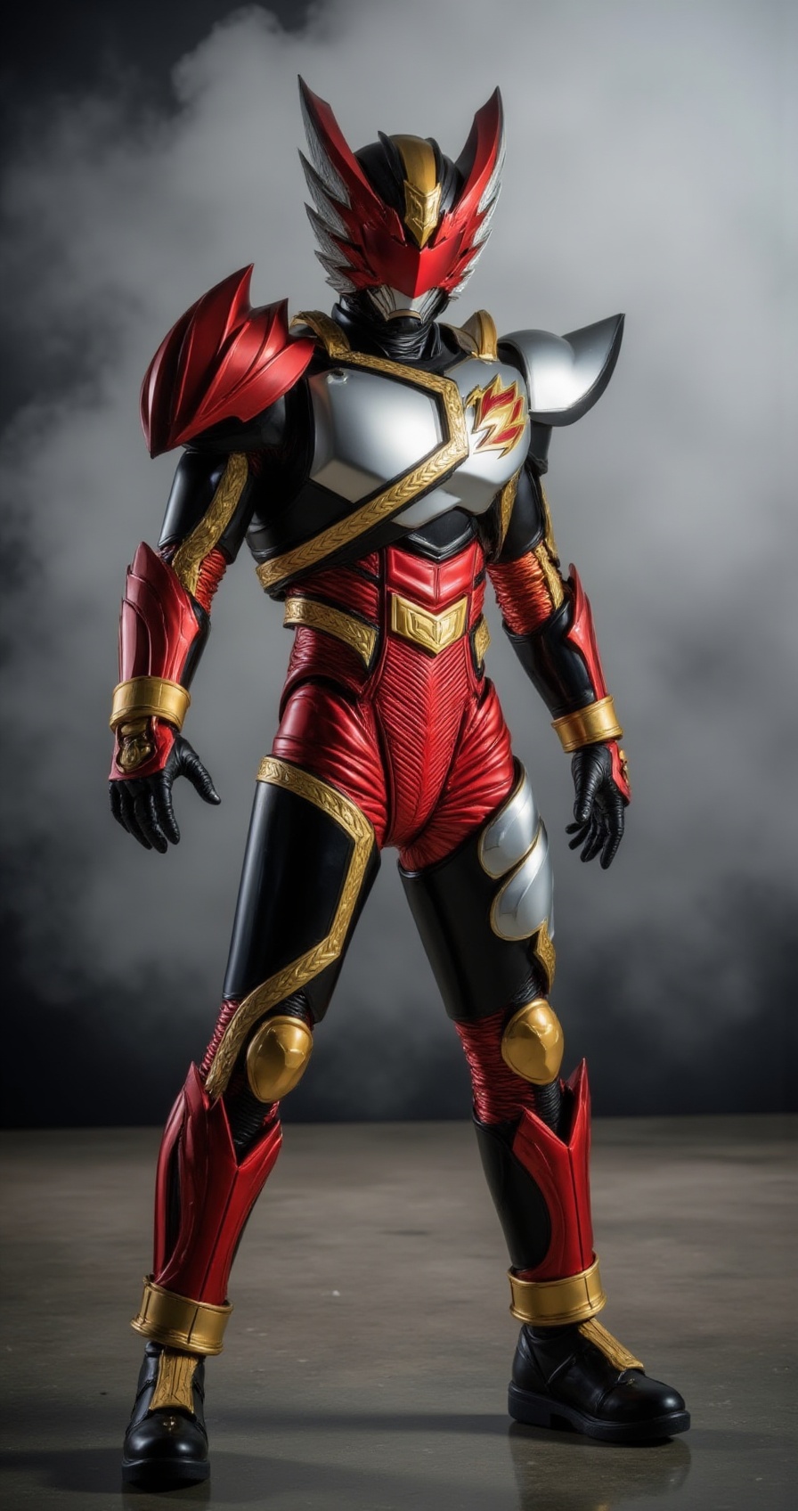 tokusatsu hero standing in a battle-ready pose,  one hand extended forward,  detailed red and gold metallic armor with bla...