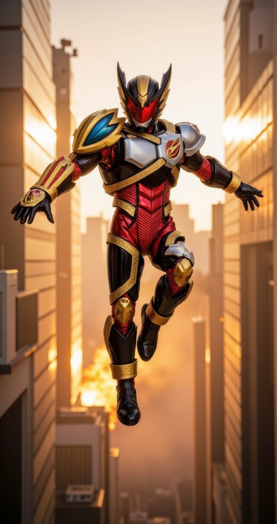 leaping through the air with explosion behind him,  debris flying,  bright energy aura on Tensor.Art