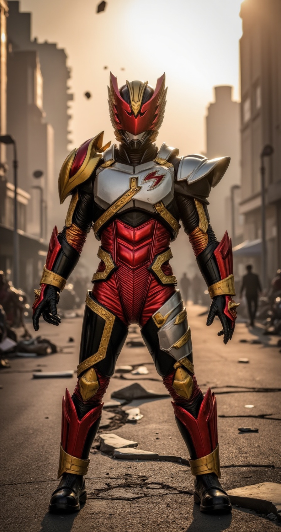 standing on cracked asphalt in destroyed city center,  background filled with burning buildings and flying debris,  sunlig...