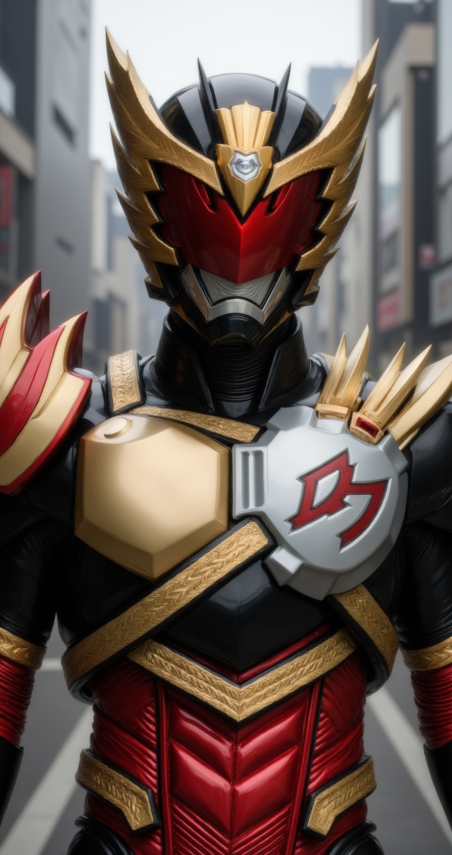 upper body portrait of a tokusatsu hero,  red-gold-black armor with metallic reflections,  gold wing-shaped helmet on Tens...