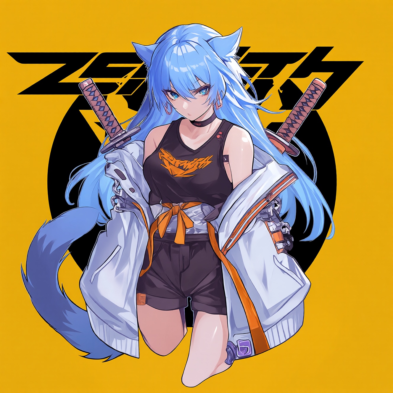 赛博风格,  赛博武士风格,  蓝色长发的动漫角色 on Tensor.Art