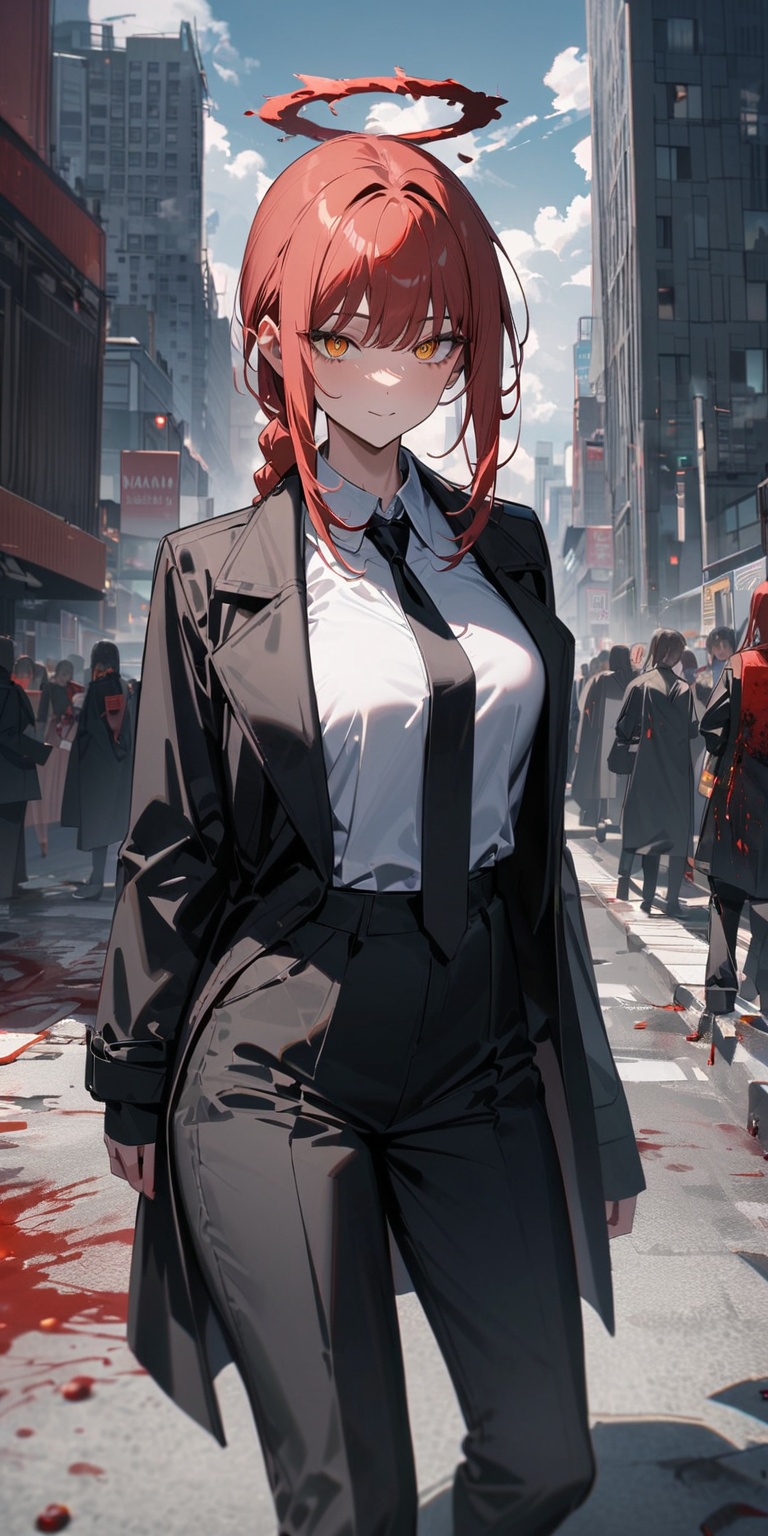 makima \(chainsaw man\) chain 1girl building black necktie pants bird black pants suit formal red hair braided ponytail so...