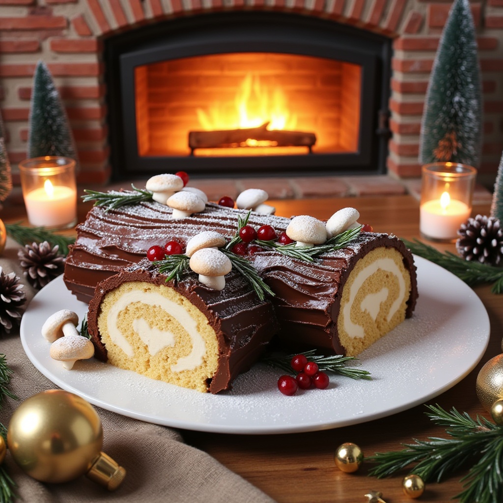 A realistic cinematic horizontal photo of a Bûche de Noël (Yule log cake) on a white plate,  covered in glossy chocolate f...