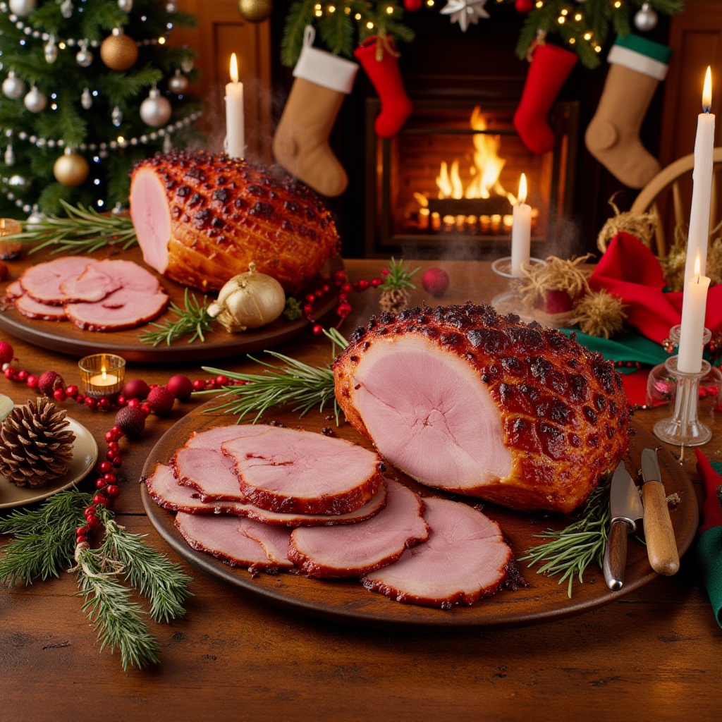 Photorealistic,  cinematic horizontal composition of a cozy Christmas home dining room. In the foreground,  a round cerami...