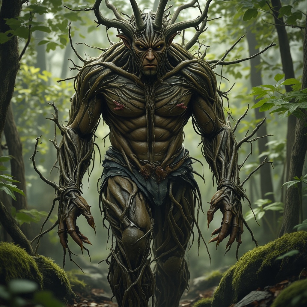 Create a scene where a spirit of the forest,  a muscular guardian of nature,  is spying on the viewer. His tree-like body...