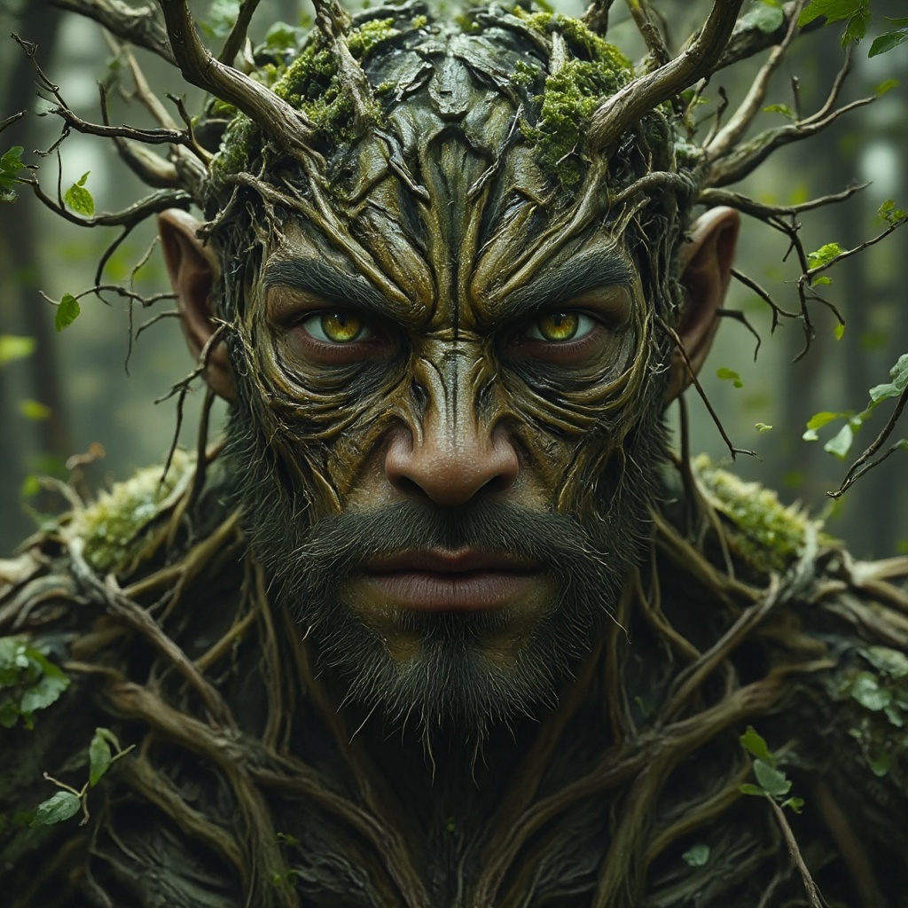 Create a scene where a spirit of the forest,  a muscular guardian of nature,  is spying on the viewer. His tree-like body...