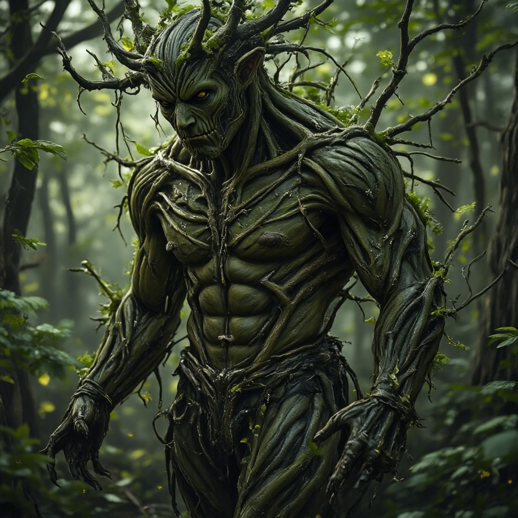 Create a scene where a spirit of the forest,  a muscular guardian of nature,  is spying on the viewer. His tree-like body...