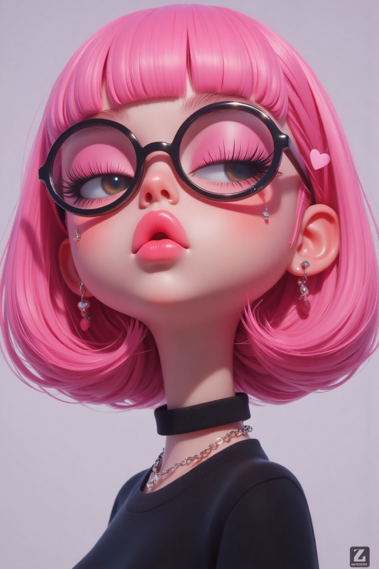 The image depicts a highly stylized digital artwork of a person with vibrant pink hair. The individual is wearing large bl...