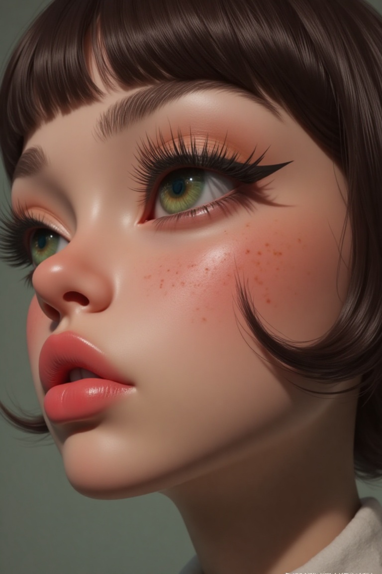 The image shows a close-up of a detailed,  realistic human-like face. The face is characterized by a large,  expressive gr...