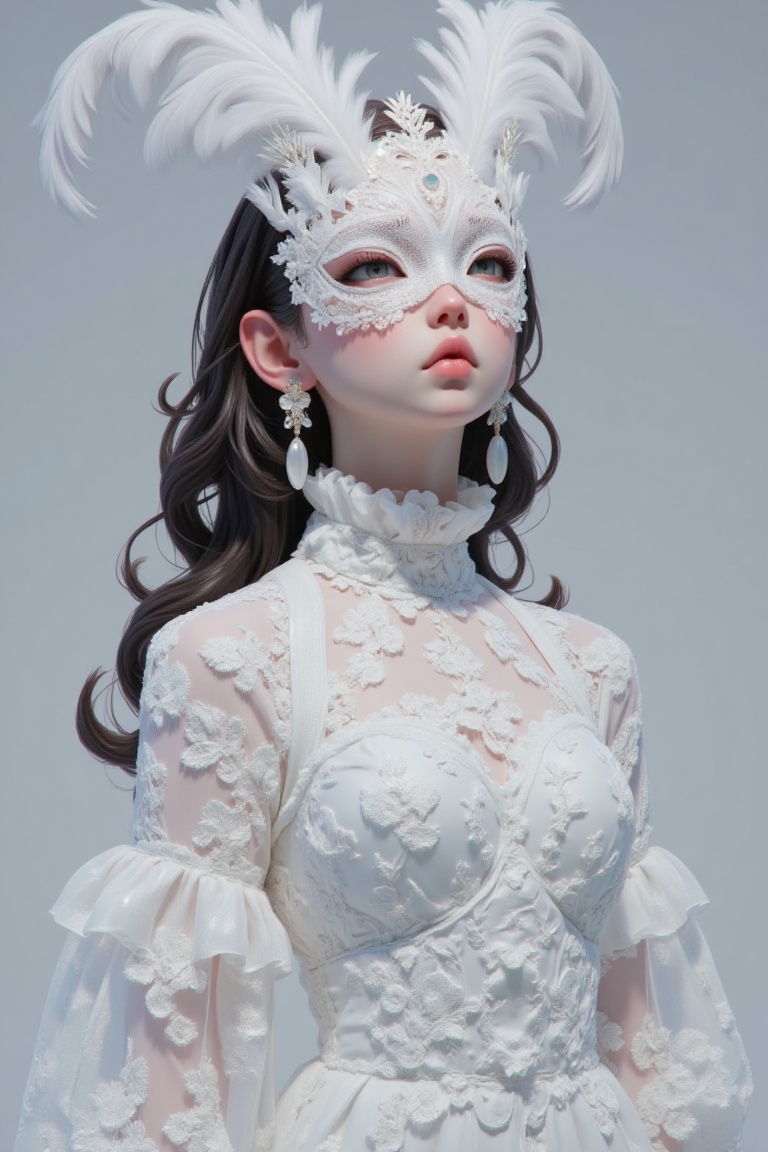 The image depicts a figure dressed in an elaborate,  white lace outfit. The attire includes intricate floral patterns and...