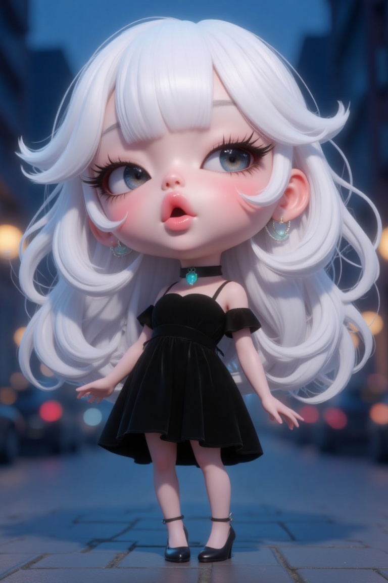 The image depicts a chibi-style character with long,  flowing white hair and large,  expressive eyes. The character is wea...