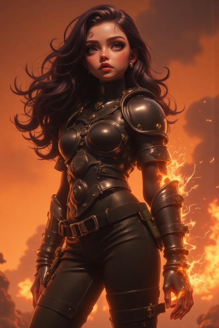 The image depicts a female character with long,  wavy hair,  standing against a backdrop of a fiery on Tensor.Art