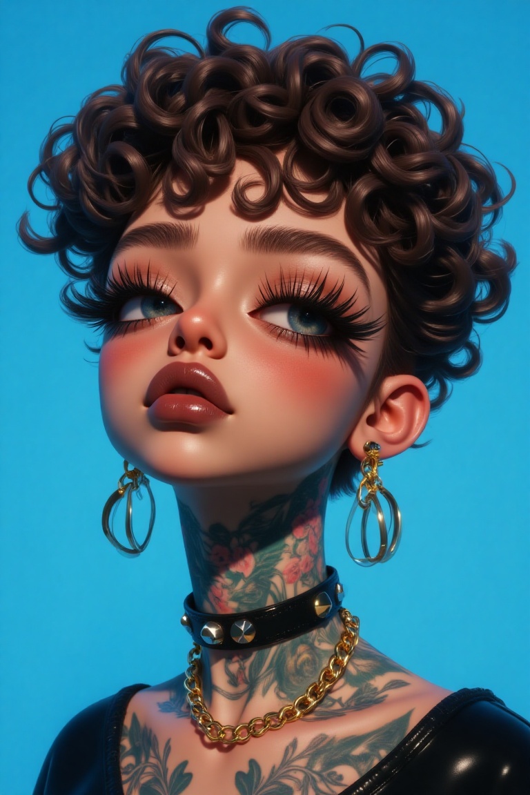 The image features a person with a striking appearance. They have curly,  dark brown hair and are adorned with large,  ela...