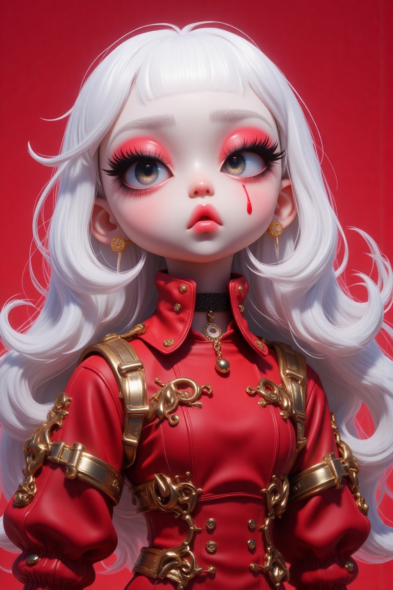 The image depicts a stylized,  anime-inspired character with long,  flowing white hair. The character is wearing a strikin...