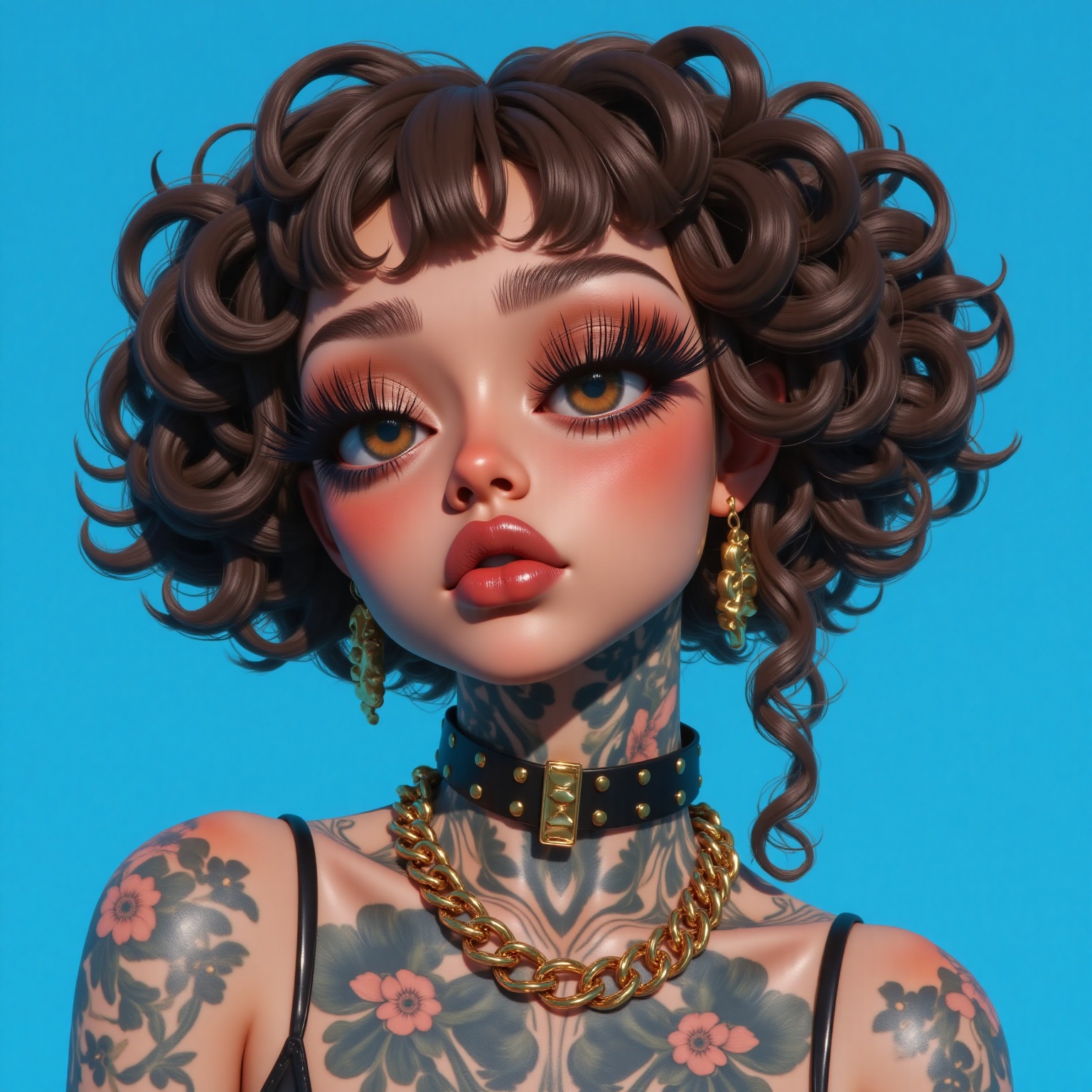 The image features a person with a striking appearance. They have curly,  dark brown hair and are adorned with large,  ela...