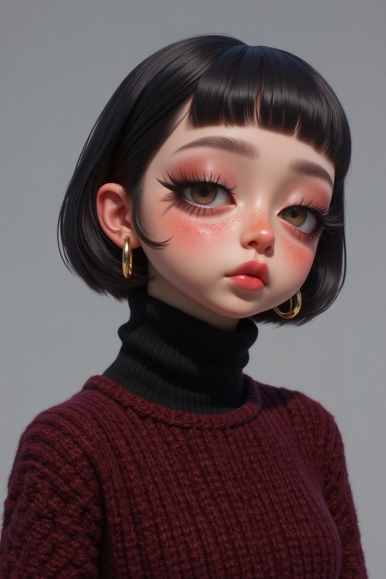 The image depicts a person with short black hair styled in a sleek bob cut. They have a fair complexion with visible freck...