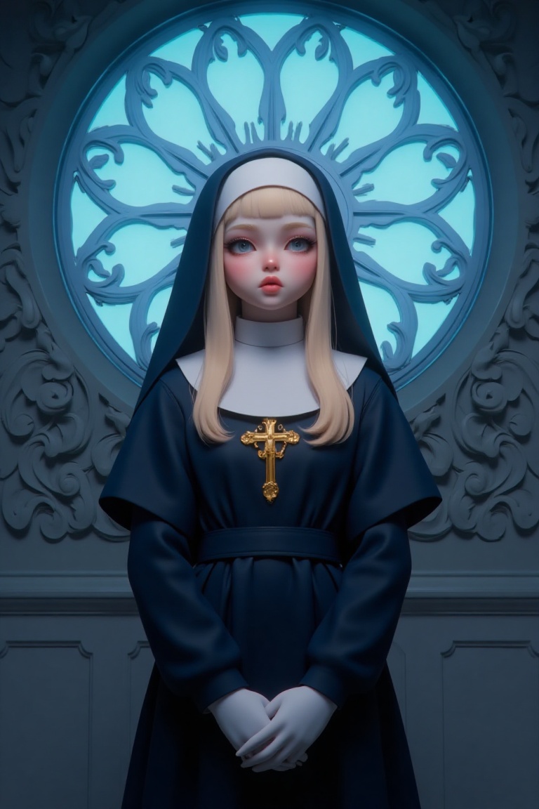 The image depicts a figure dressed in a nun's habit,  standing in front of a large,  ornate circular window. The nun is we...