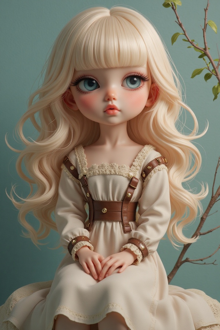 The image shows a doll with long,  wavy blonde hair and large blue eyes. The doll is dressed in a vintage-style dress with...