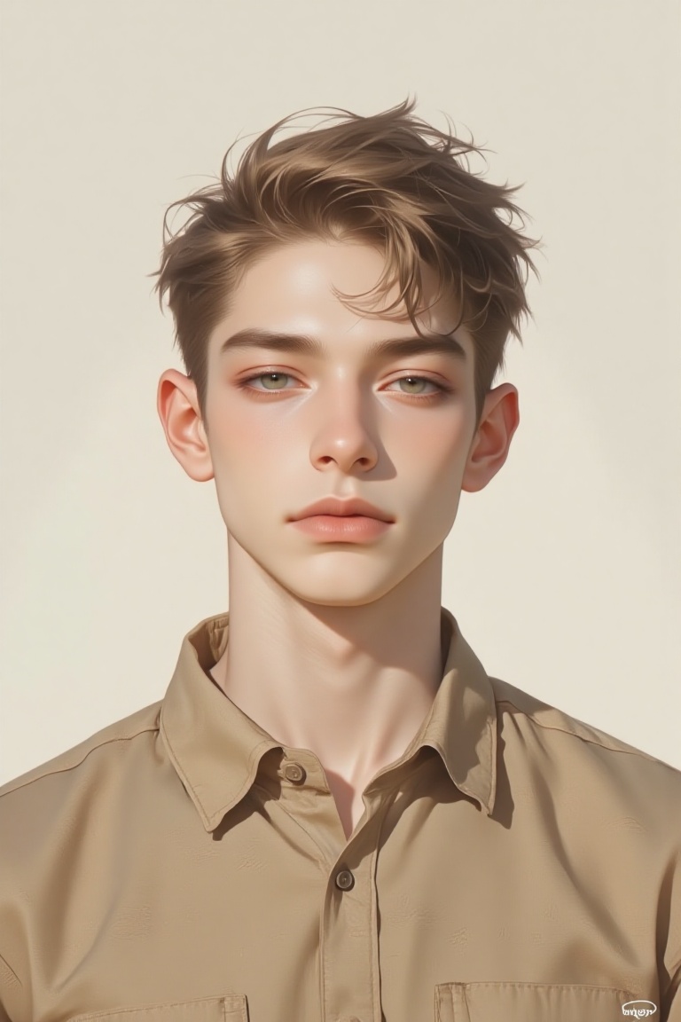 The image depicts a young person with short,  spiky hair and a neutral expression. They are wearing a light brown,  collar...