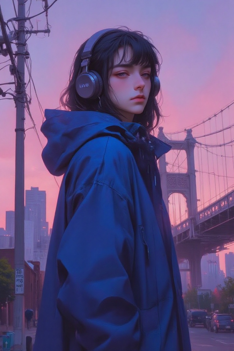 The image depicts a young woman with long black hair wearing a blue jacket and headphones. She is standing outdoors,  look...