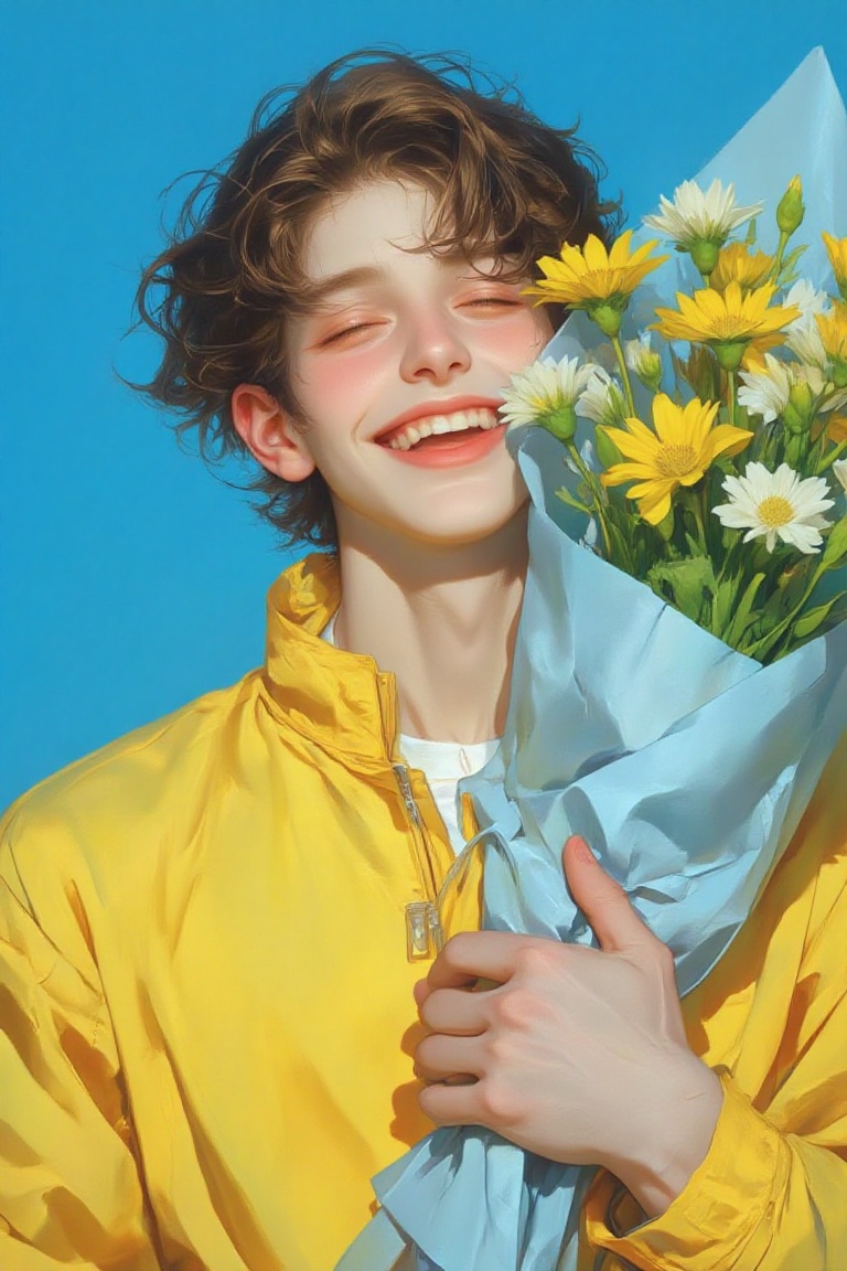 The image depicts a cheerful young person with short,  wavy brown hair,  wearing a bright yellow jacket. They are holding...