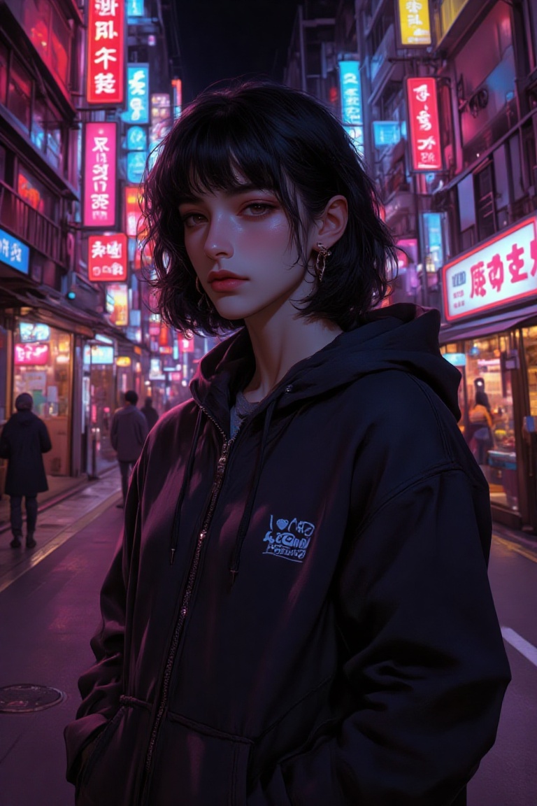 The image depicts a young woman standing in a vibrant,  neon-lit urban environment. She is wearing a dark hoodie with a zi...