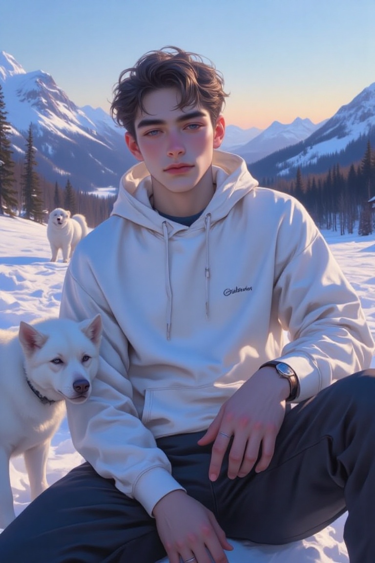 The image depicts a young man sitting outdoors in a snowy landscape. They are wearing a white hoodie and dark pants. Behin...