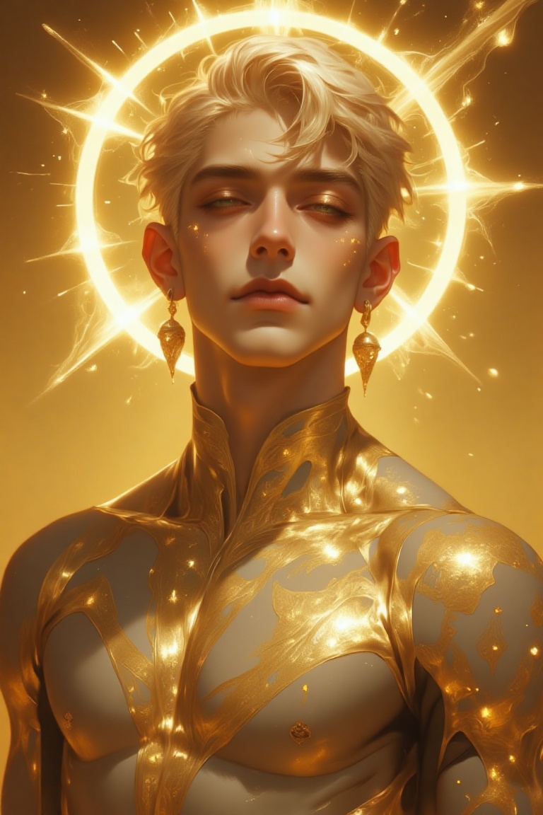 The image depicts a highly stylized and ethereal figure adorned in luxurious golden attire. The figure has a radiant,  hal...