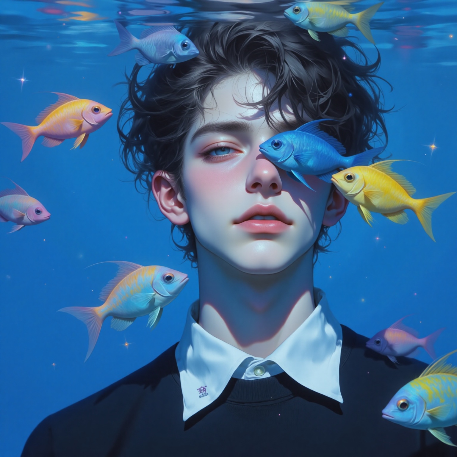 The image depicts a young person with light skin and short,  dark hair,  partially submerged in a blue aquatic environment...