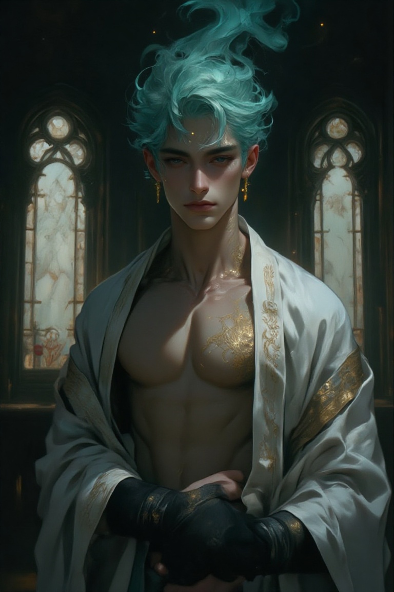 The image depicts a figure with a serene and ethereal appearance,  standing in a dimly lit room with large,  ornate window...