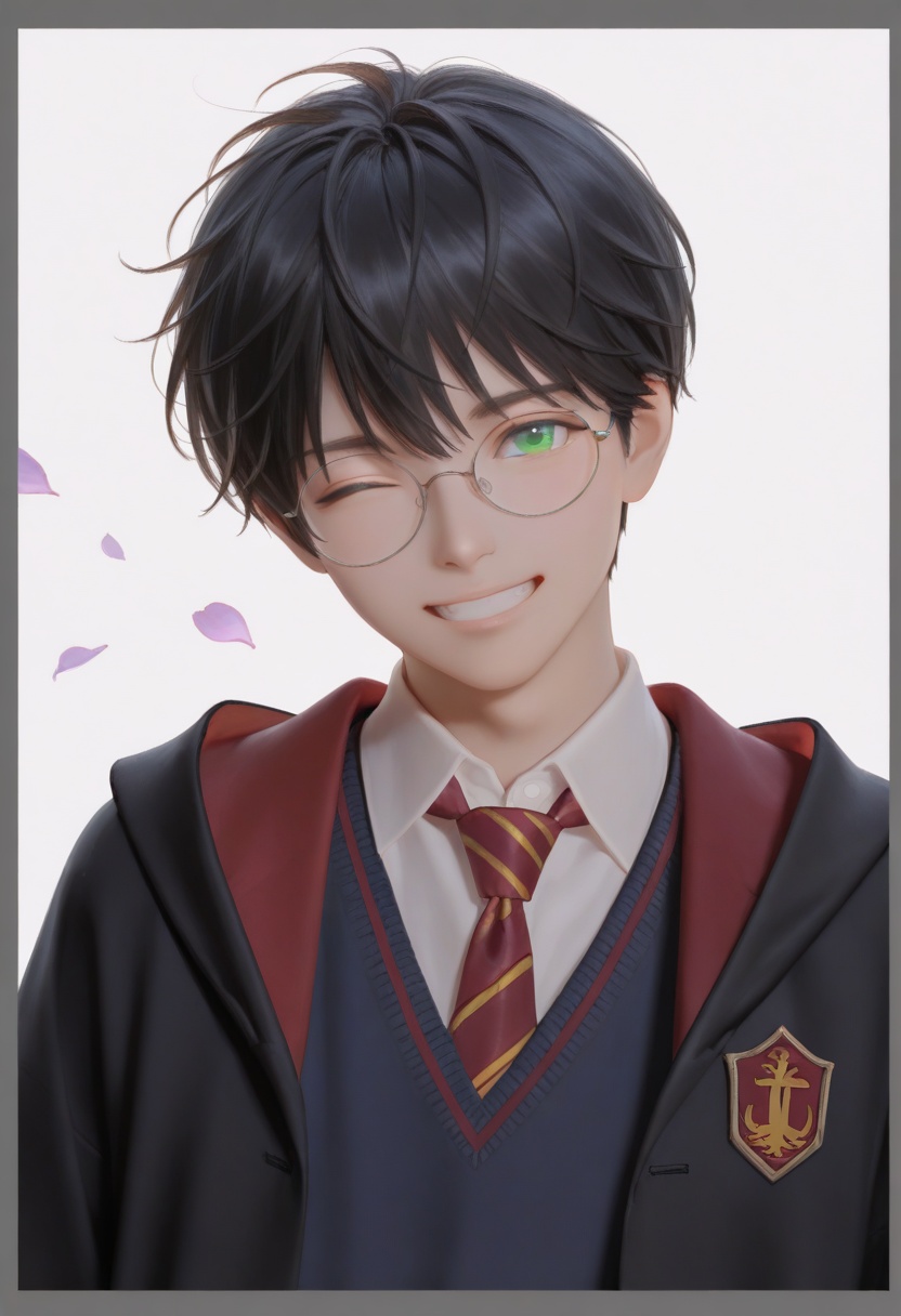 a dutch angle portrait of a young boy with curly hair,  wearing round glasses. he is dressed in a blue robe with a red and...
