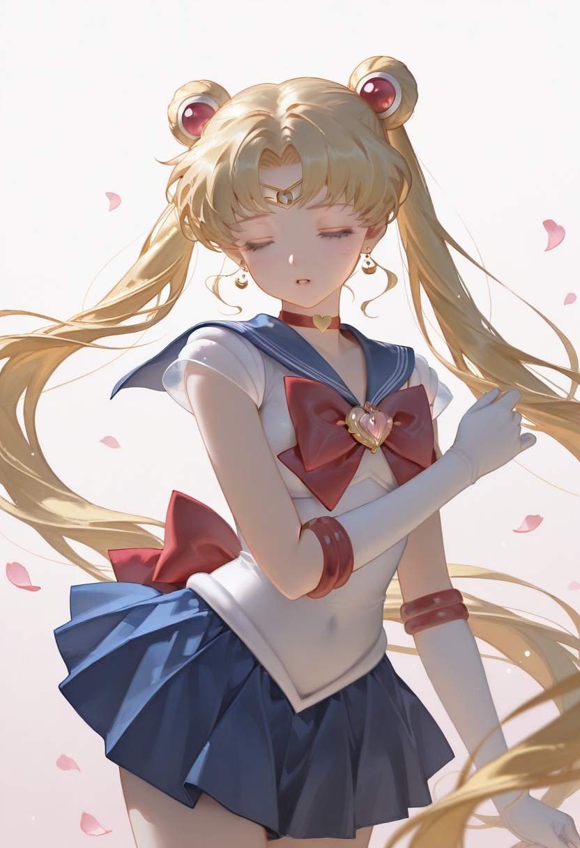 a character with long,  flowing hair adorned with red and white accessories. the character is wearing a blue and white dre...
