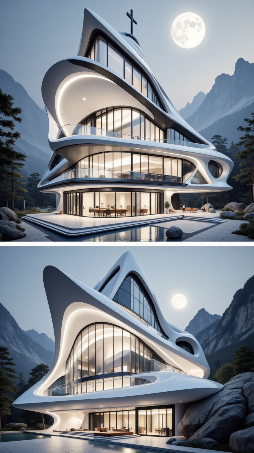 There are two section views above and below,  One is Beautiful modern spaceship with section design,  like church. Chinese...