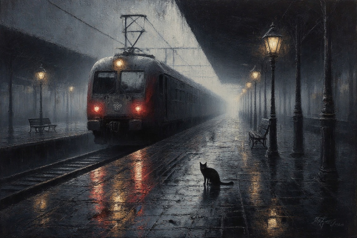 A textured oil painting of a deserted railway station at twilight. A modern train departs into the foggy distance,  its re...