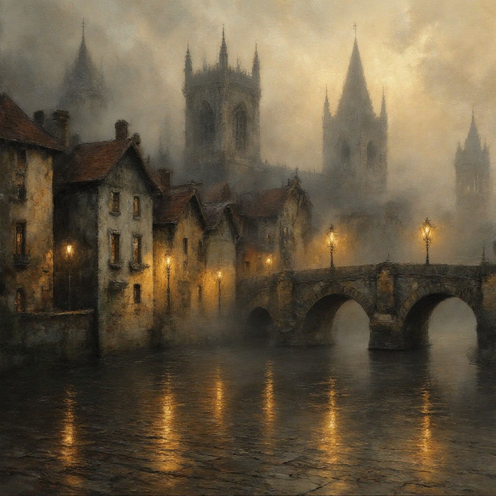A textured oil painting of a medieval European city at dawn. Gas lamps glow through thick river fog,  illuminating cobbles...