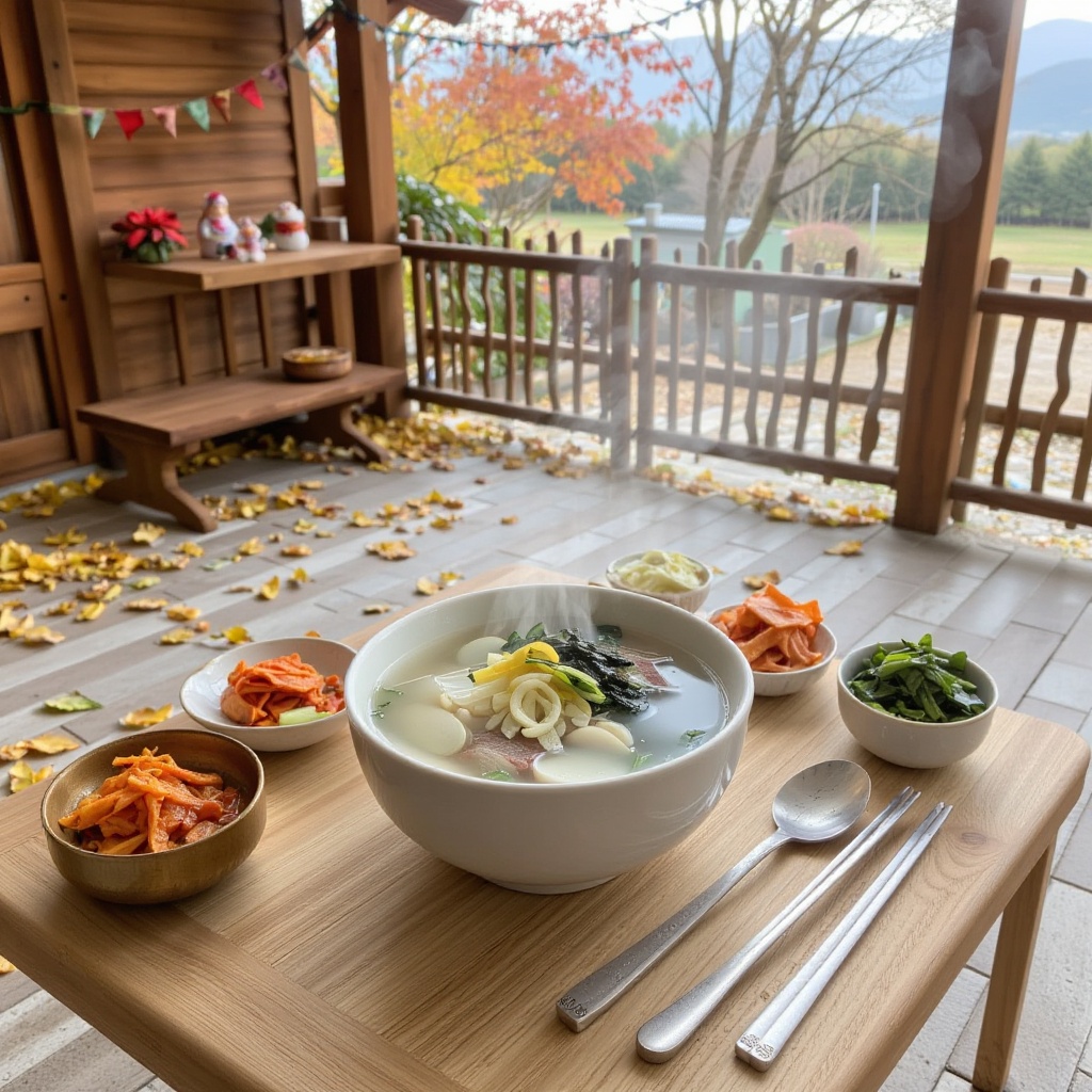 Photorealistic,  cinematic style,  horizontal angle. In a traditional Korean countryside courtyard during autumn on Tensor...