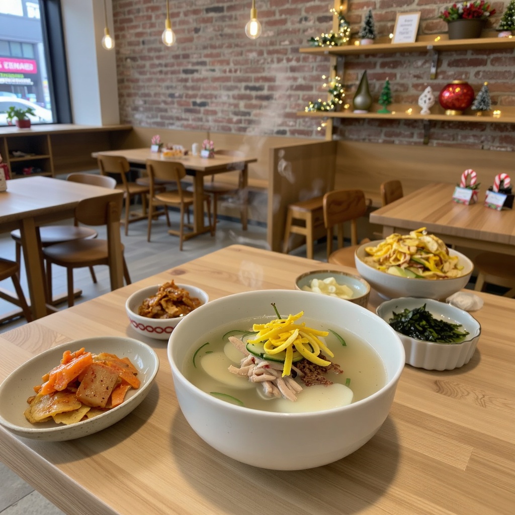 Photorealistic,  cinematic style,  horizontal angle. Inside a modern Korean café with wooden tables on Tensor.Art